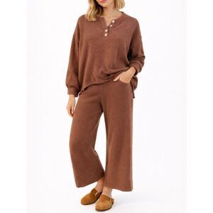 Sincerely Jules brown waffle knit Henley lounge set size M